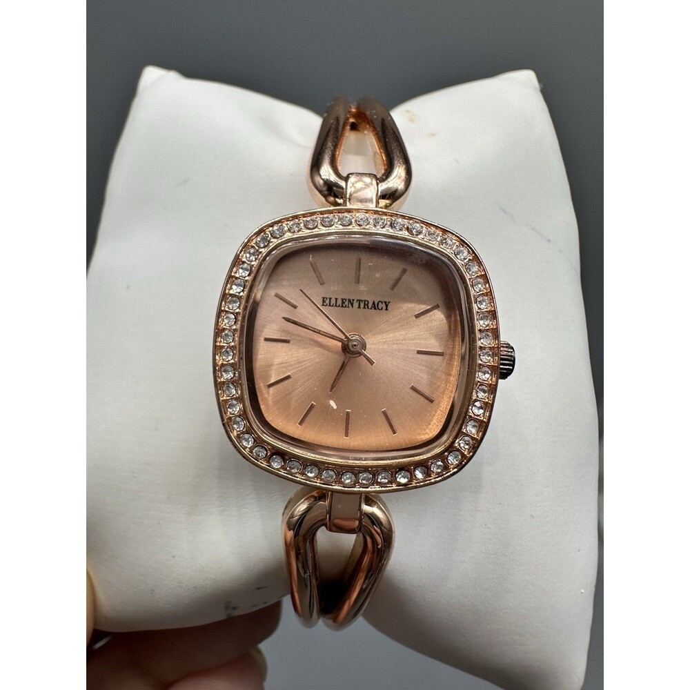 Rose Gold Ellen Tracy Ladies Halo Clamper Bangle Bracelet Watch New Battery